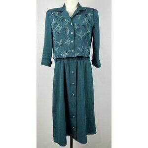 Miss Dorby Womens Green 2 Pc Set Collared Vest Dress Padded Shoulders Size 10